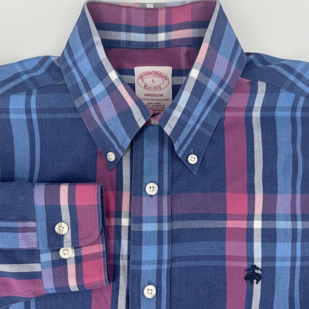 Brooks Brothers Madison Shirt Mens S Blue Purple‎ Plaid Supima Cotton Non-Iron